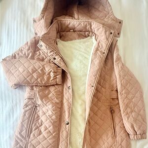 Coat - Tan/beige sturdy hooded women’s, size M, fleece inside, zipper pockets